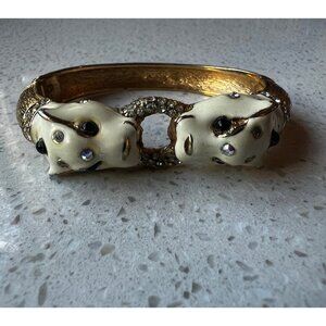 Vintage CINER Double Panther White Enamel Clamper Bracelet *RARE*